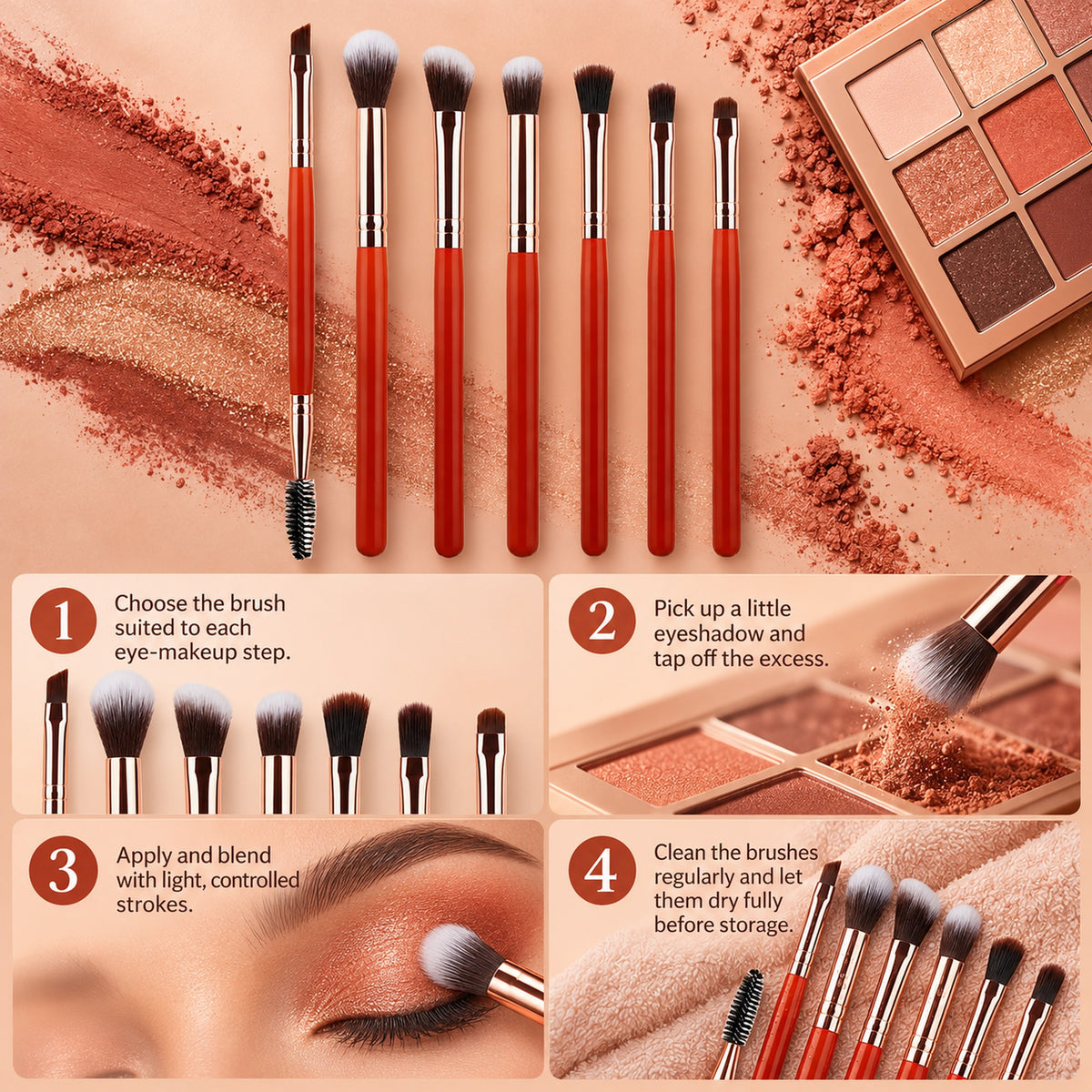 How to use the eye brushes in 4 steps: choose, pick up shadow, blend, clean and dry