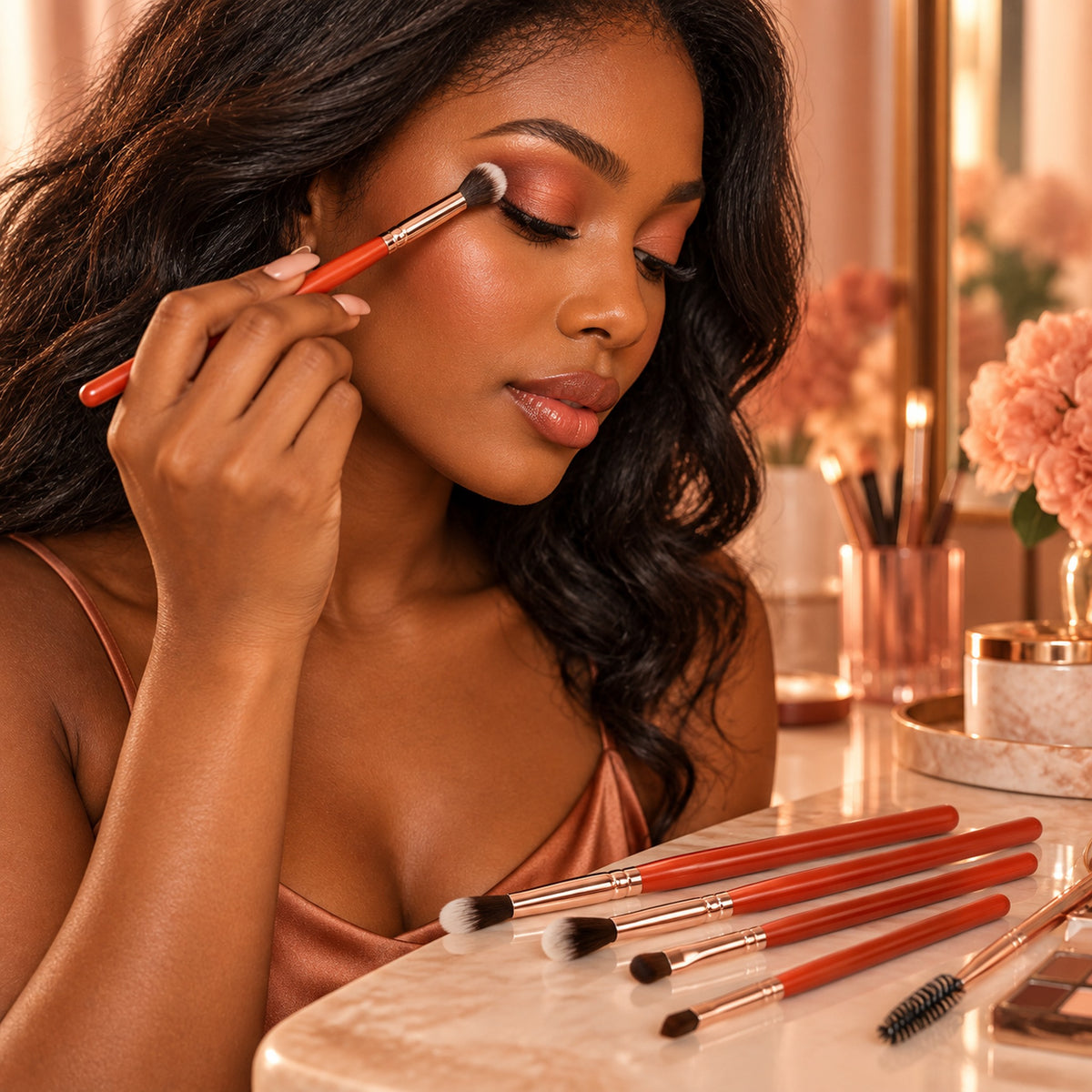 Woman blending warm eyeshadow with a tapered brush from the set at her vanity