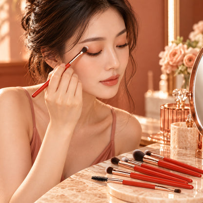 Woman applying eyeshadow with a precision brush, the rest of the 7-piece set on the vanity