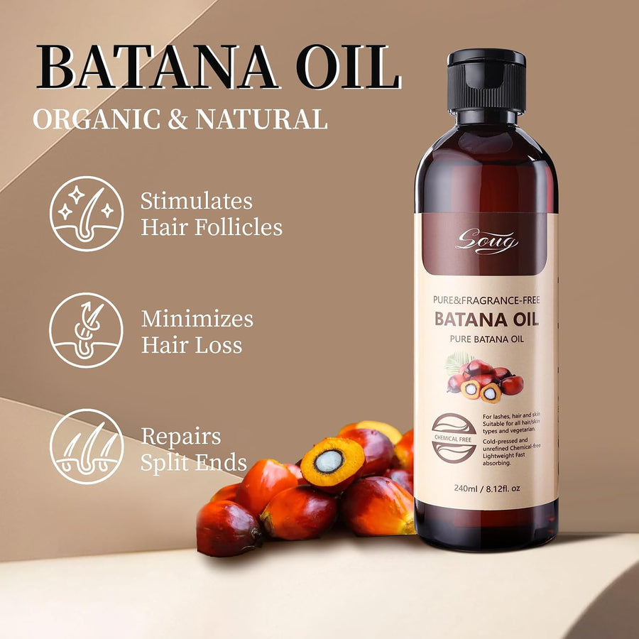 Batana Oil 240 ml bottle with palm nuts, labelled organic and natural