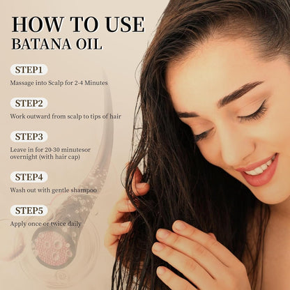 How to use batana oil in five steps - massage into scalp, work outward to the tips, leave 20 to 30 minutes or overnight, wash out with gentle shampoo