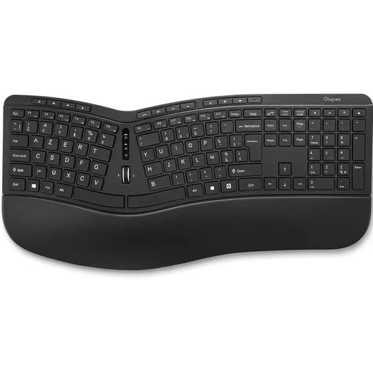 Wireless French AZERTY Ergonomic Keyboard – Quiet Black with USB‑A Dongle Staples