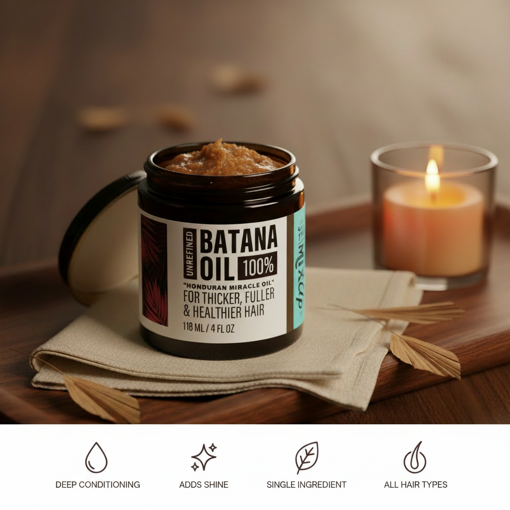 Canvia Unrefined Batana Oil benefits infographic — deep conditioning, adds shine, single ingredient, all hair types.
