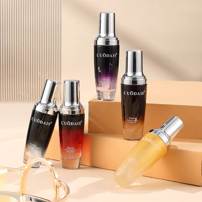 Five-bottle lineup of Lodais Perfume Hair Oil Essence showing all signature scents side by side.