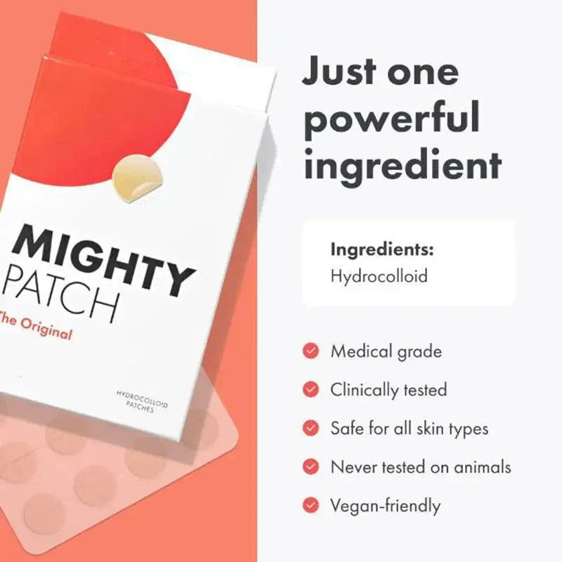 Mighty Patch packaging with hydrocolloid information on a white background