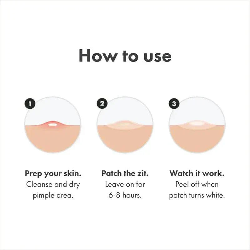 Instructions on how to use a pimple patch with three steps shown.
