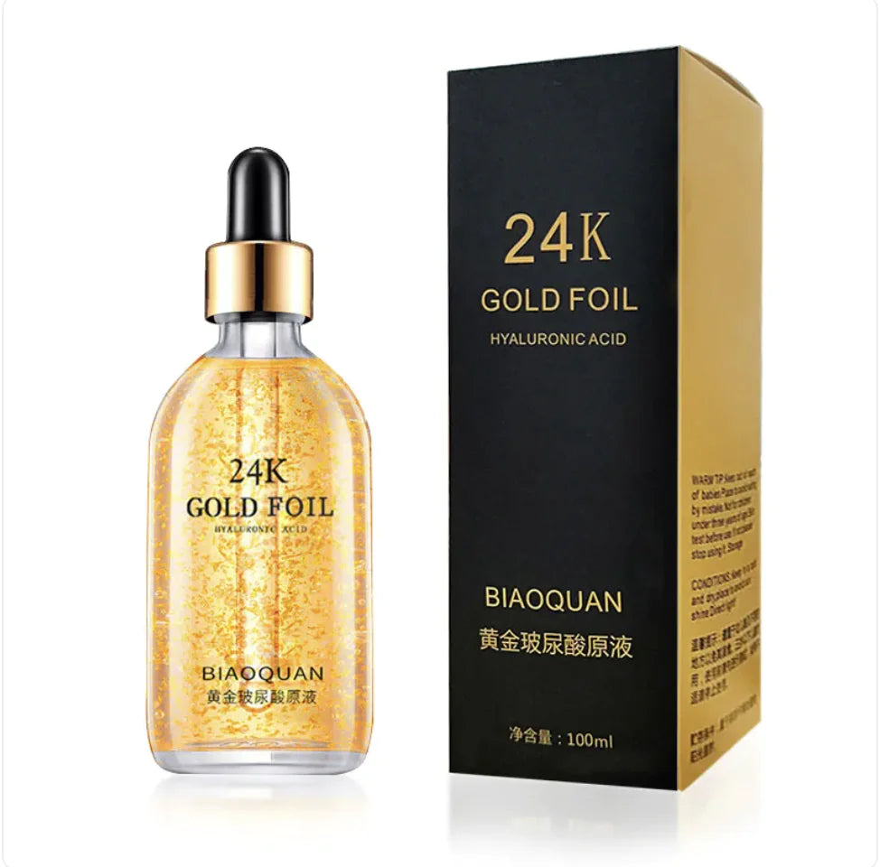 24K Gold Hyaluronic Acid 100ml face serum with gold-flake formula and box