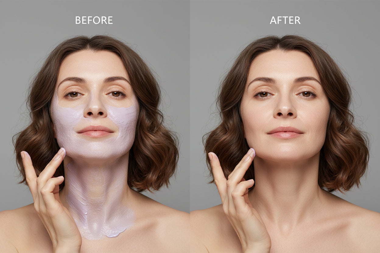 Skincare product with a lady apply it  on a light gray background