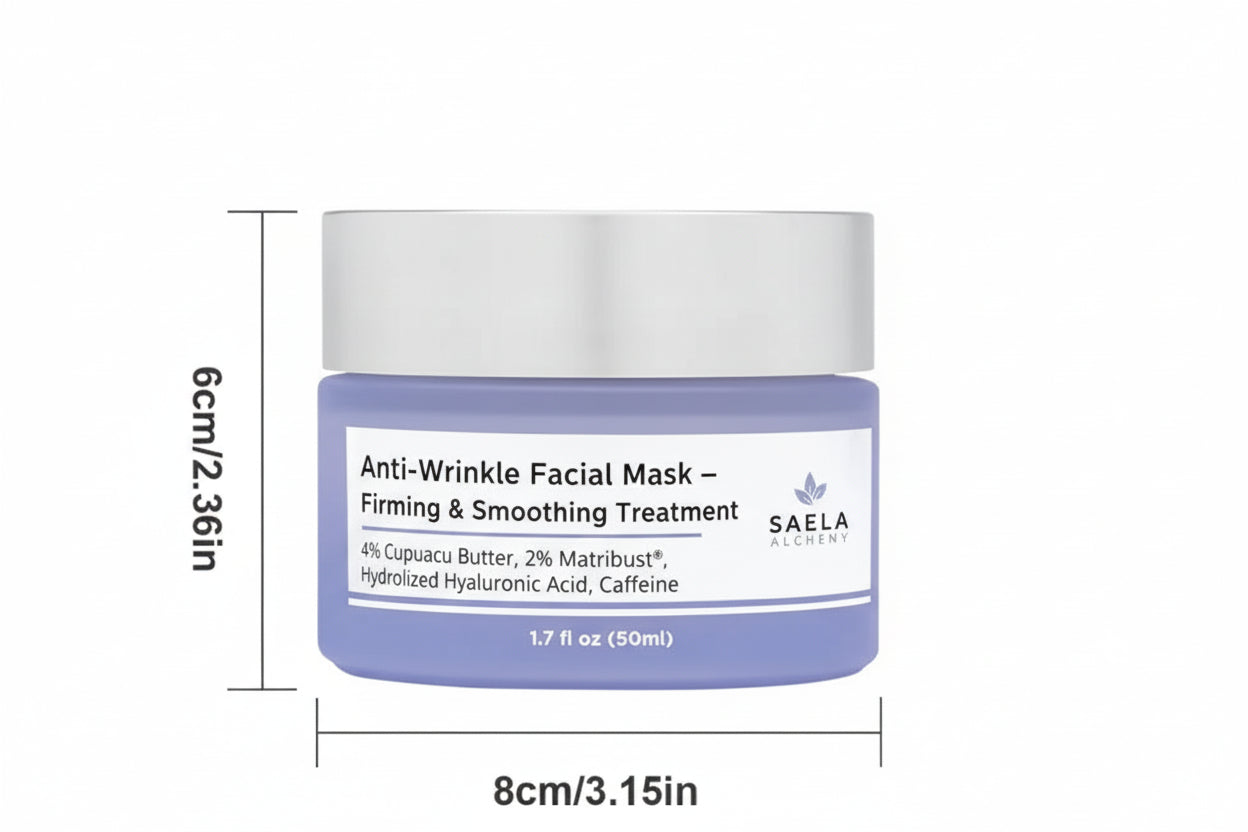 Neck cream jar with dimensions and product details on a white background