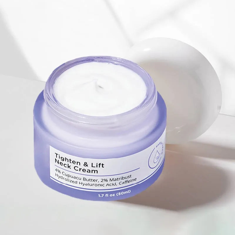 Jar of neck cream with a purple lid on a white background
