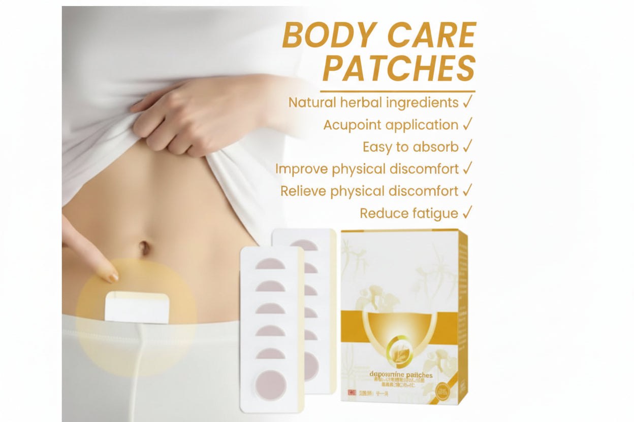 Body care patches with natural herbal ingredients on a white background