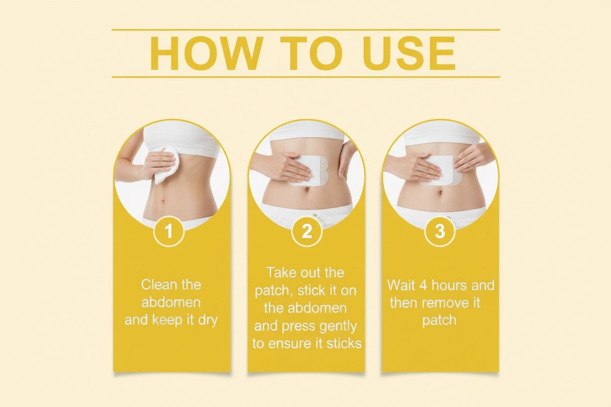 Instructions on how to use a patch on the abdomen with three steps shown.