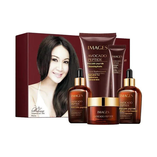 Images Avocado Peptide skincare product set with a woman's face on the packaging.