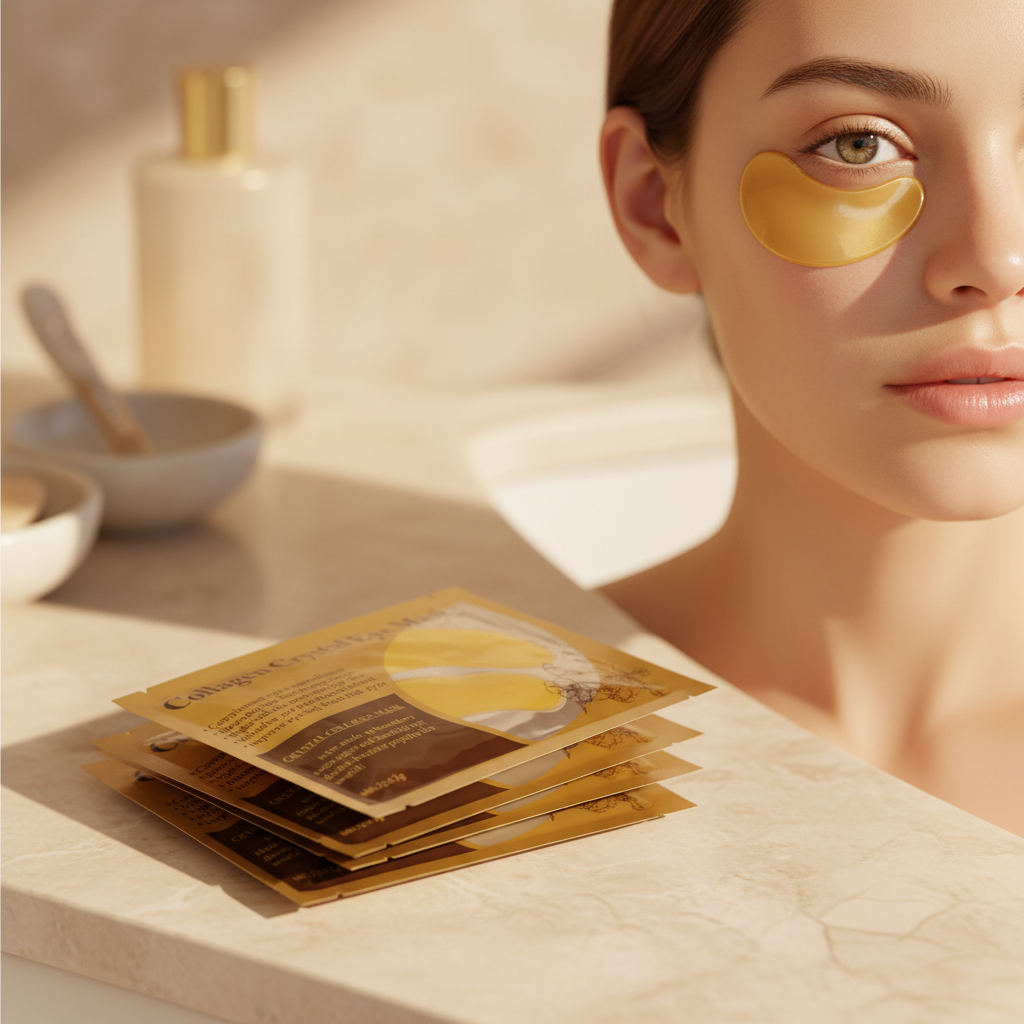 Model with a gold collagen crystal under-eye patch on her cheek, with the Canvia product sachets on a marble vanity.