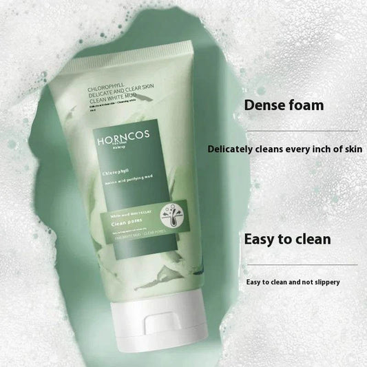 Chlorophyll Amino Acid facial cleanser tube with green natural ingredients illustration
