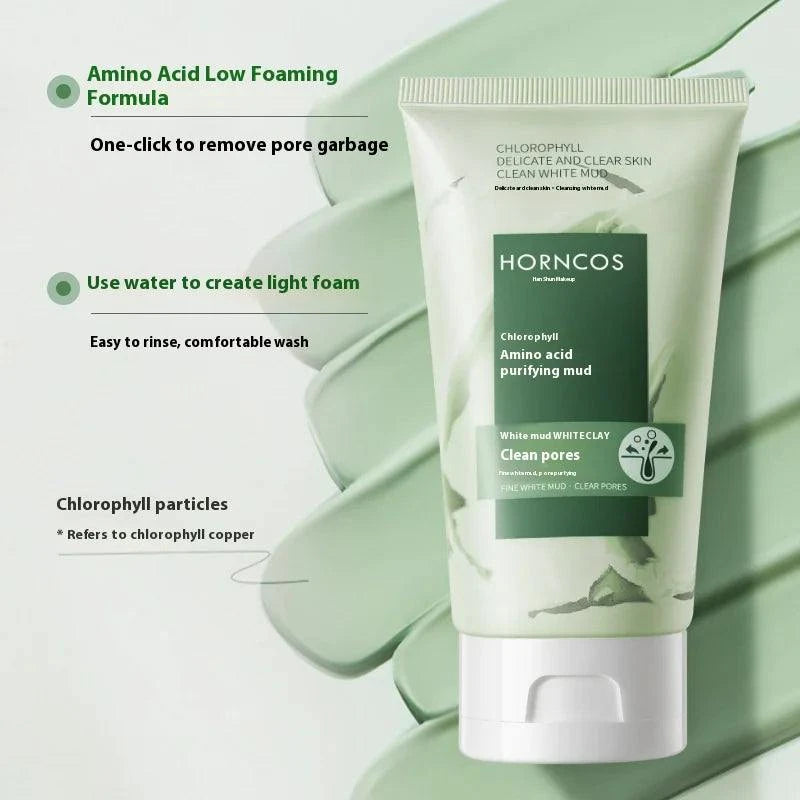 Horncos facial cleanser tube with green label on a light green background