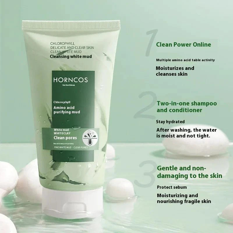 Horncos cleansing white mud product with green background and text highlighting features