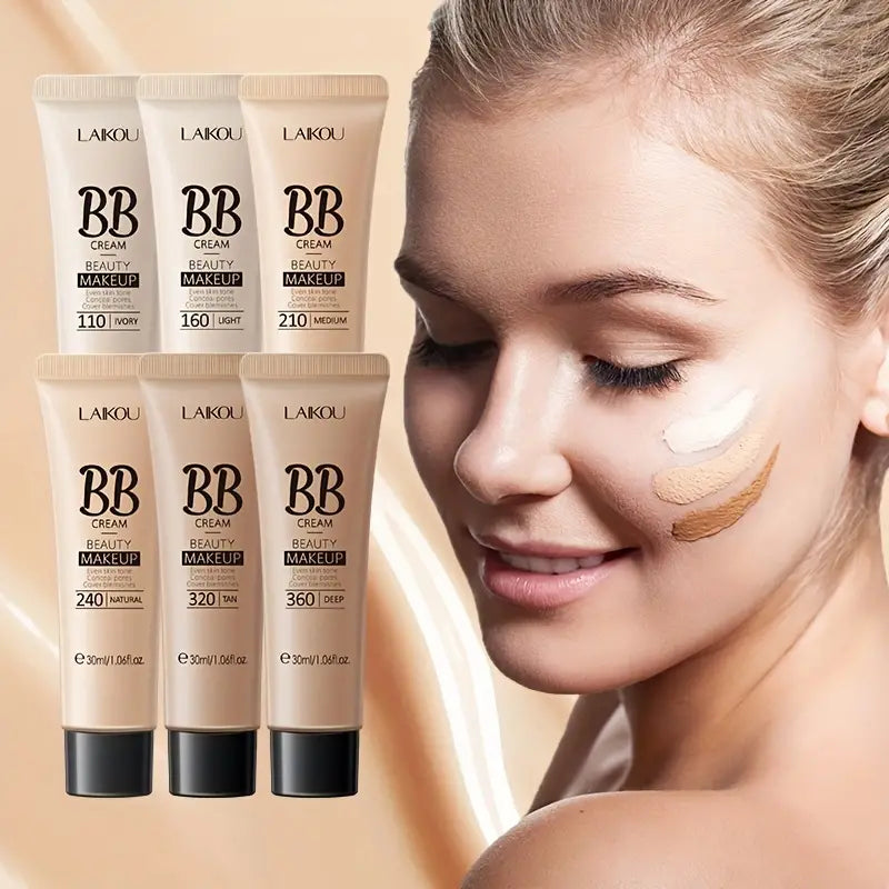 LAIKOU waterproof BB cream foundation in all six shades with model wearing the natural-finish coverage