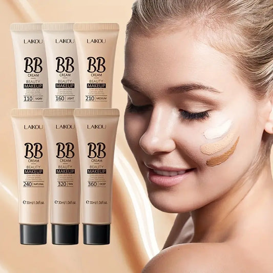 LAIKOU waterproof BB cream foundation in all six shades with model wearing the natural-finish coverage