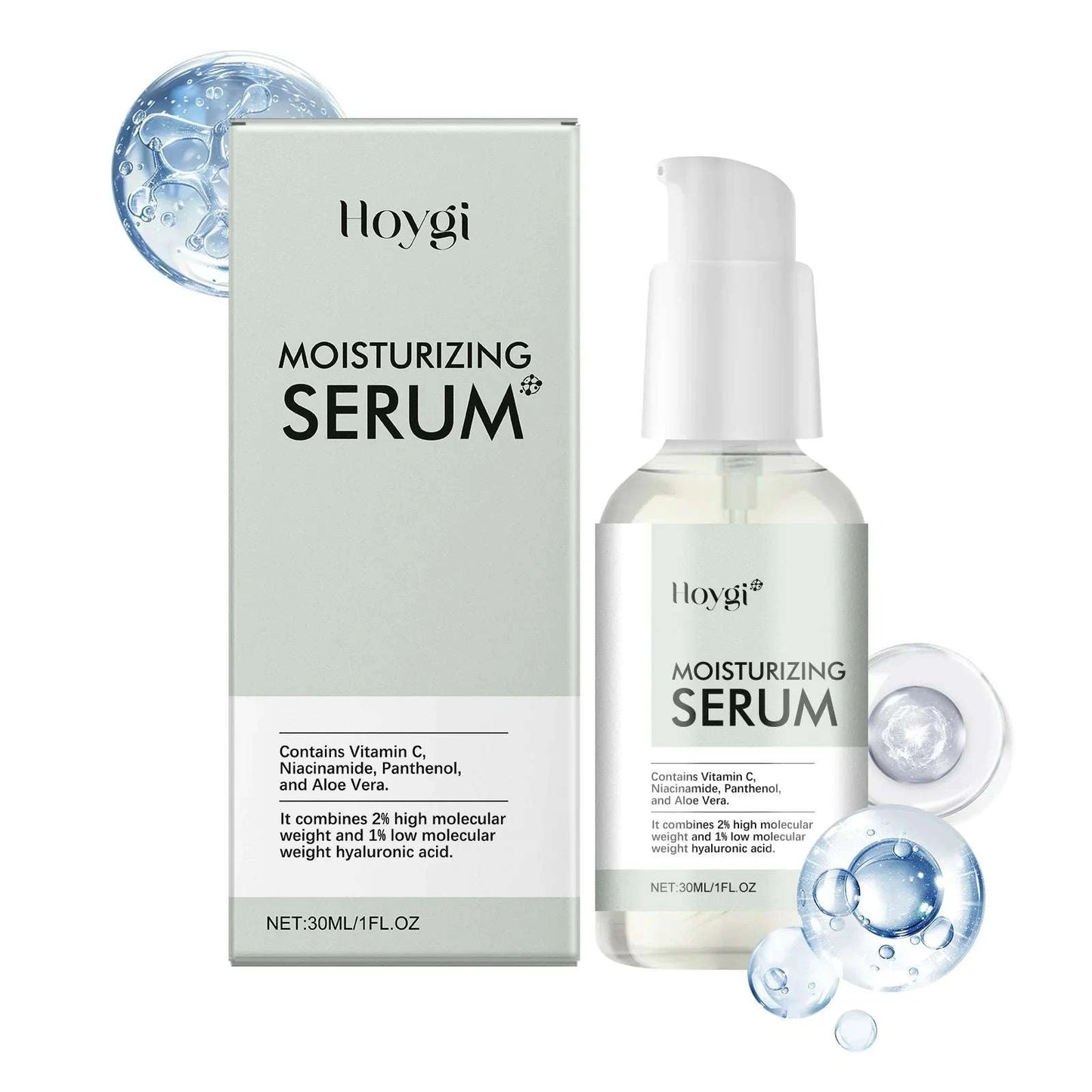 Hoygi moisturizing serum bottle and packaging on a white background