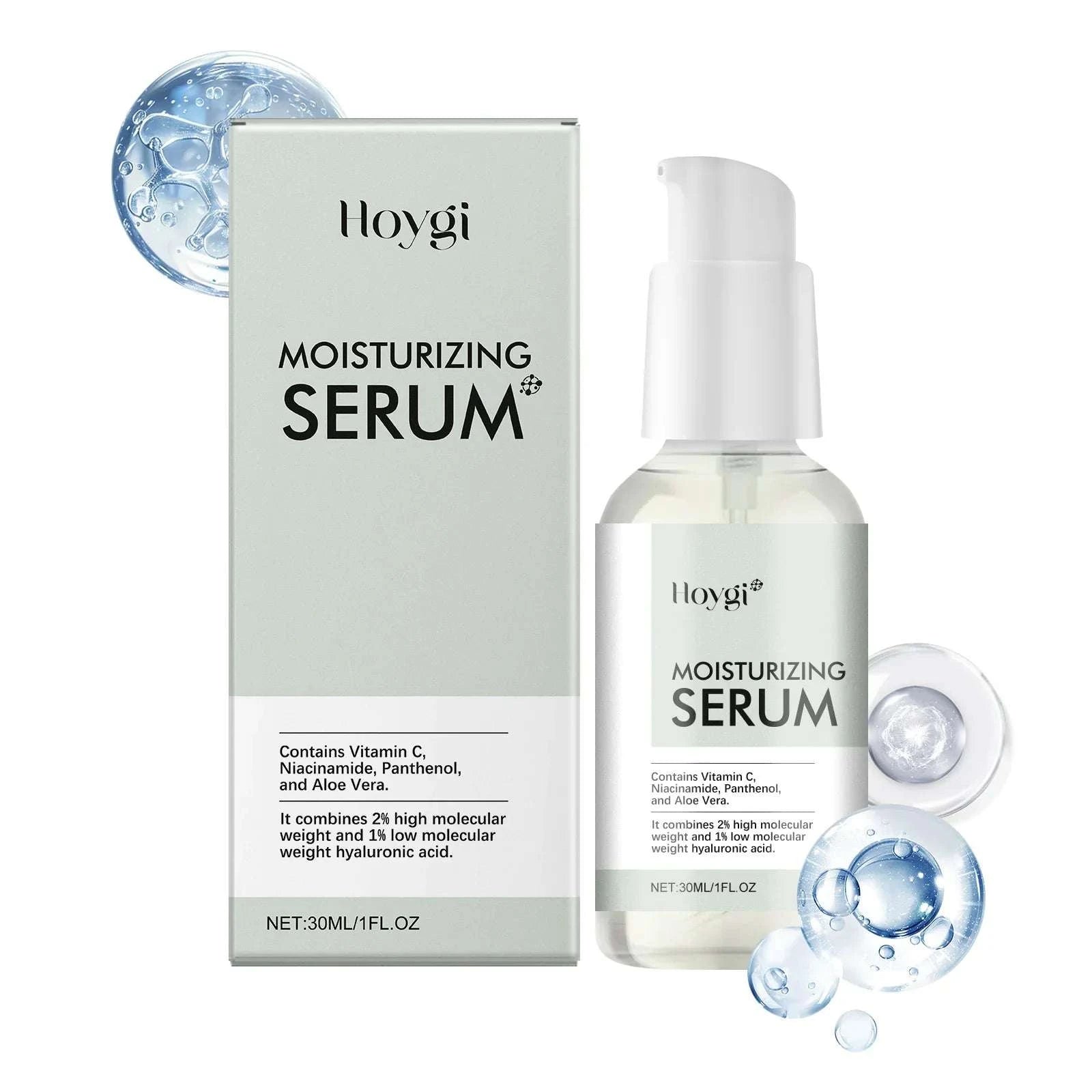 Hoygi moisturizing serum bottle and packaging on a white background