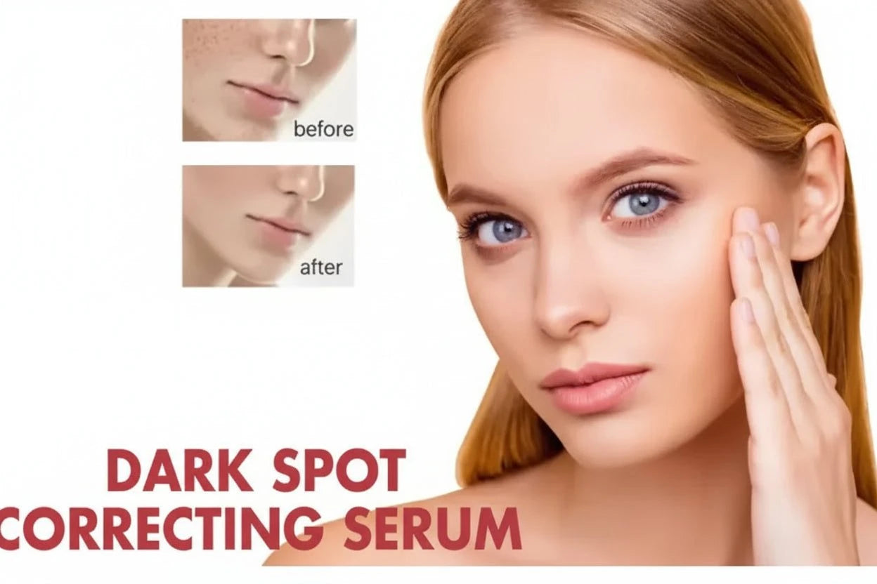 Woman applying dark spot correcting serum with 'before' and 'after' comparison on a white background.