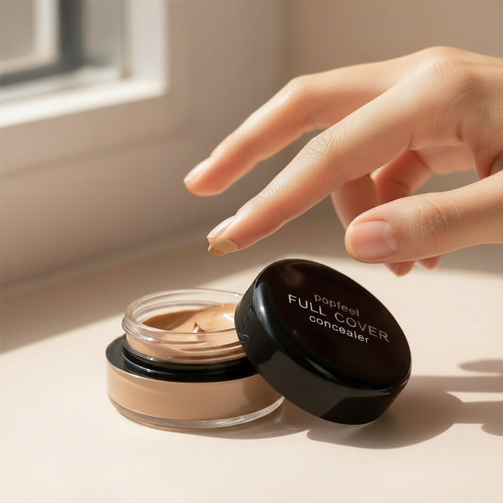 Close-up of a fingertip dipping into an open POPFEEL Full Coverage Concealer jar — natural side light, photo-realistic in-use shot.