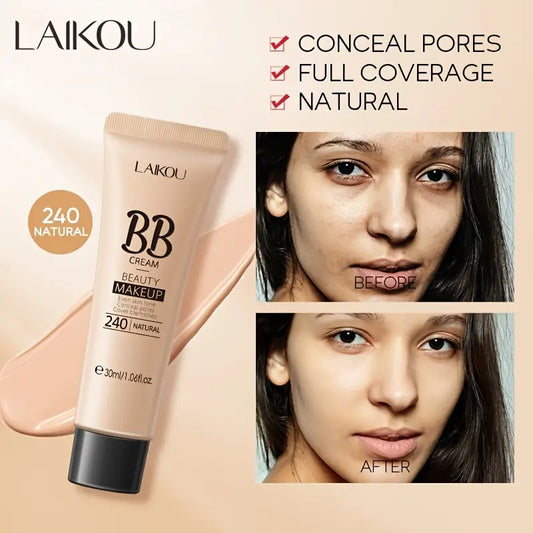 Before-and-after of LAIKOU BB cream in shade 240 Natural showing evened skin tone and blurred pores