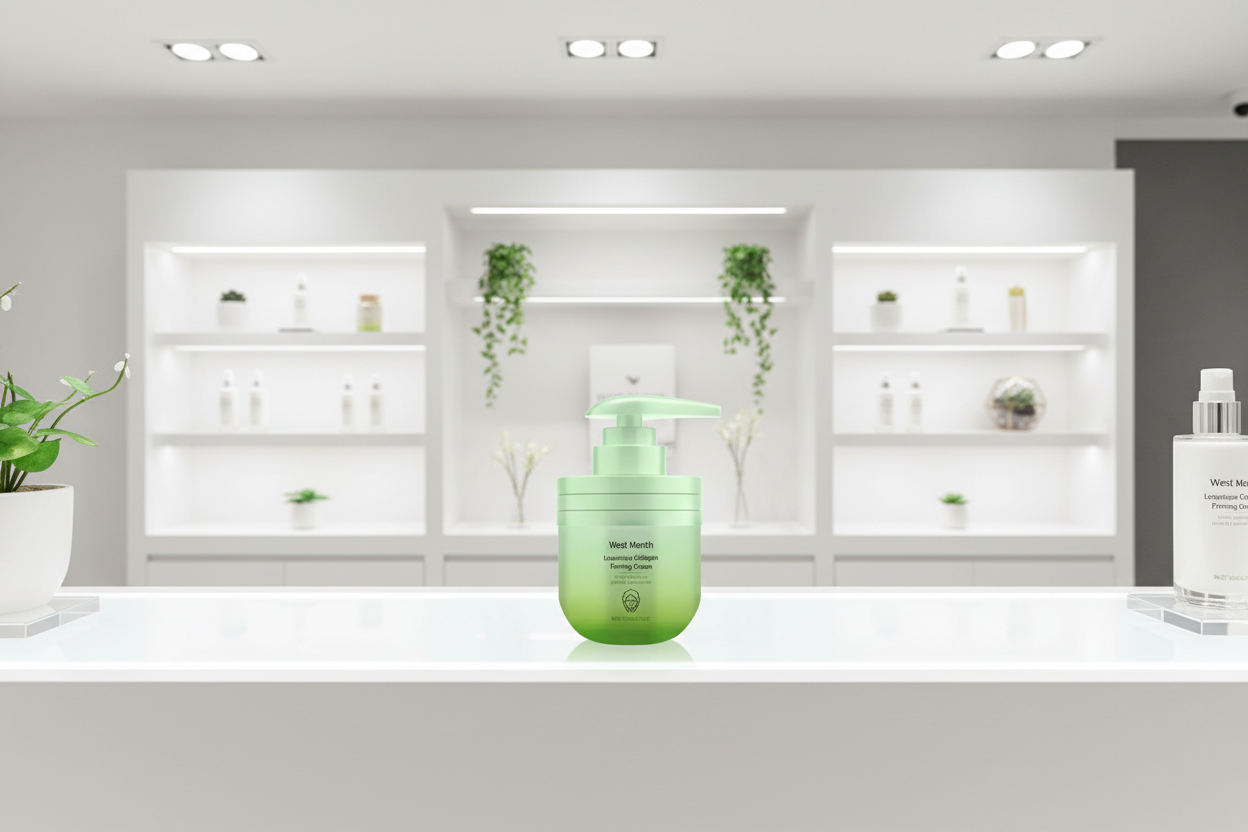 Green skincare bottle on a white counter with a modern interior background