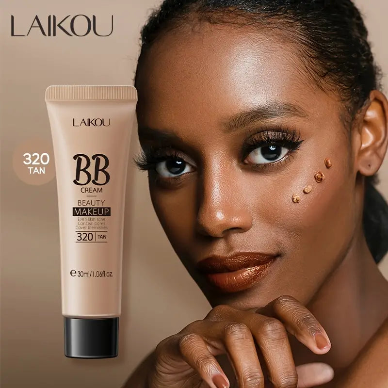 Model wearing LAIKOU BB cream foundation in shade 320 Tan with a smooth, even complexion