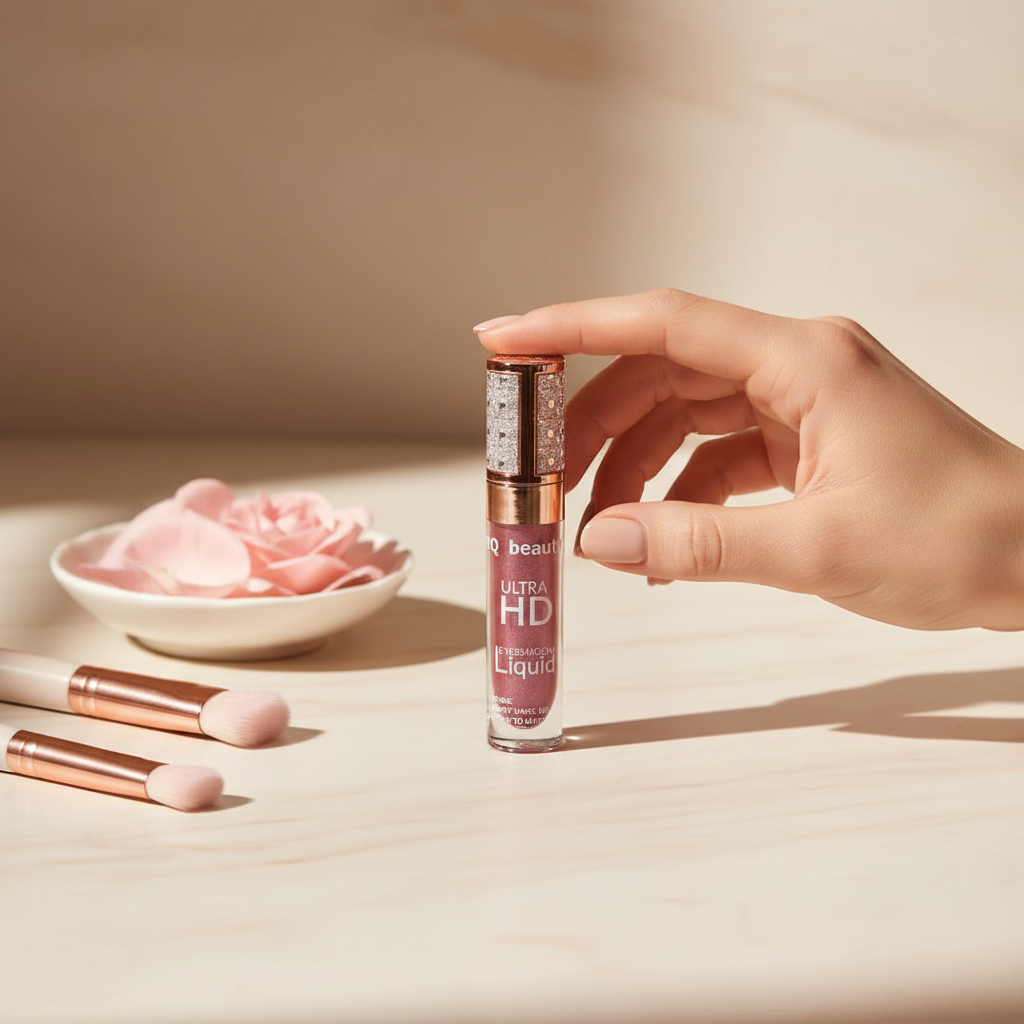 Pearlescent liquid glitter eyeshadow held in hand on a cream marble vanity — in-use shot