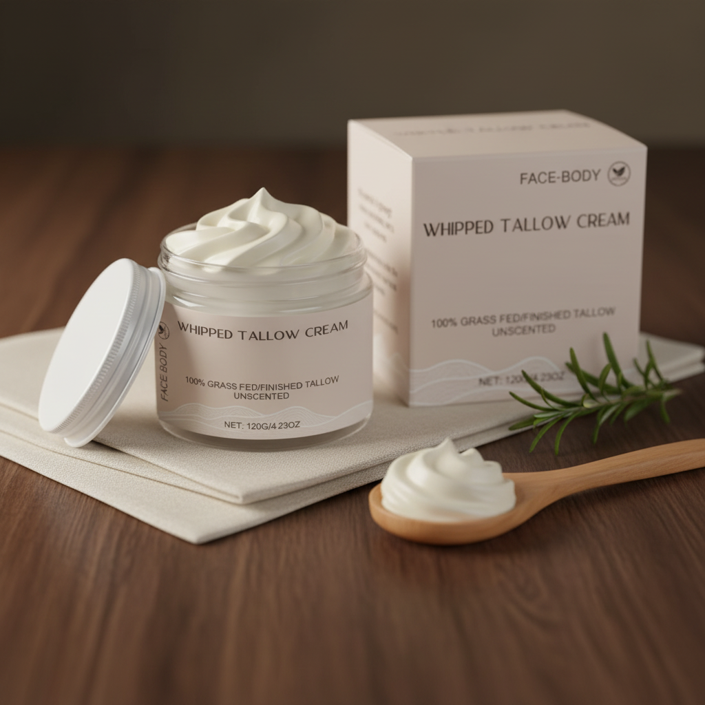 Canvia Whipped Tallow Cream on a walnut wood spa surface with fresh rosemary and a wooden spoon of whipped tallow.