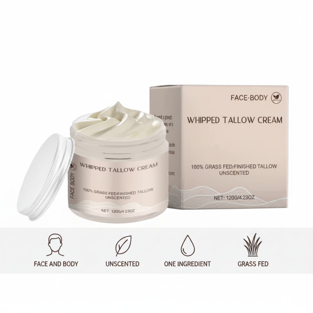 Canvia Whipped Tallow Cream benefits infographic — face and body, unscented, one ingredient, grass fed.