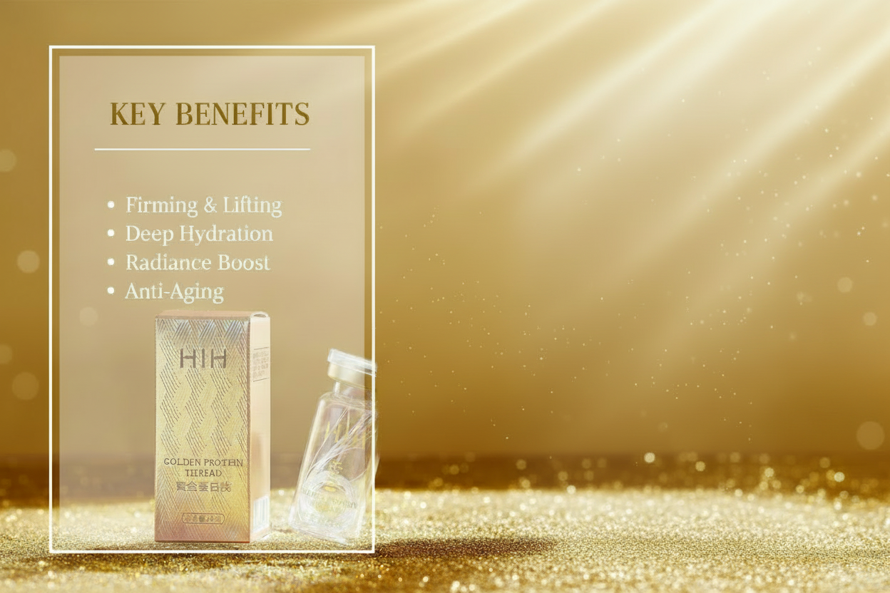 Product packaging with key benefits listed on a gold background