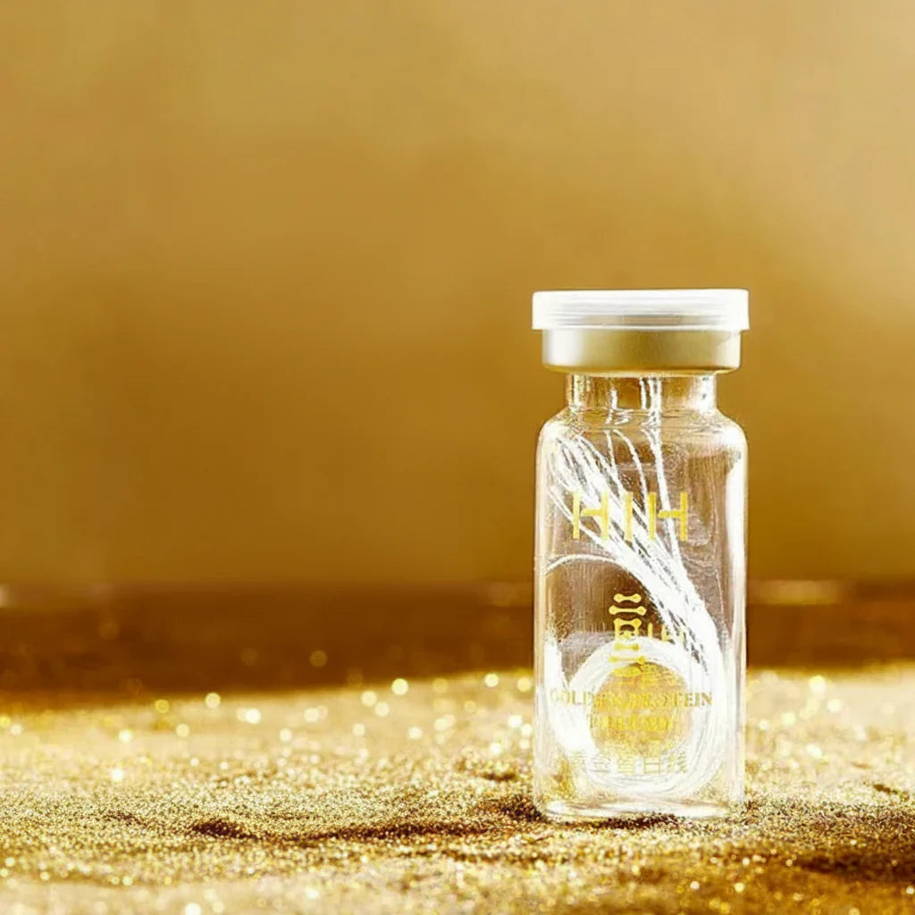 Golden Radiance Firming Serum bottle with gold particles and smooth serum texture promoting firm, radiant skin