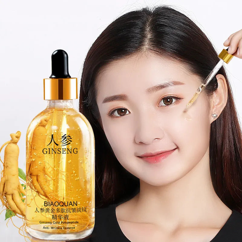 Woman applying Ginseng Polypeptide anti-wrinkle face serum to her cheek