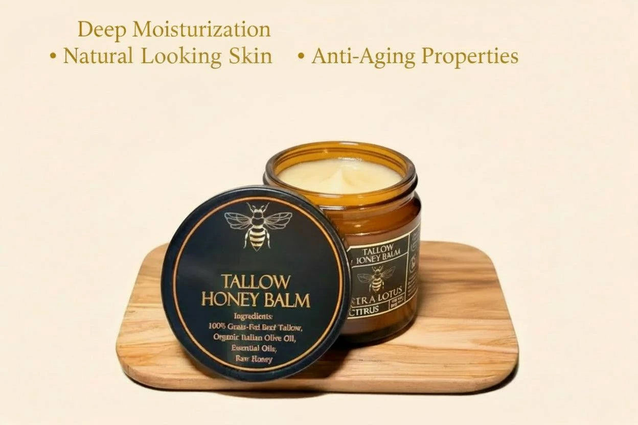 Tallow honey balm jar and tin on a wooden board with text about benefits on a beige background