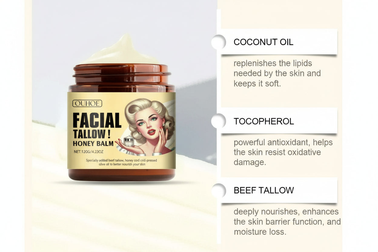 Facial tallow balm jar with coconut oil, tocopherol, and beef tallow benefits on a light background