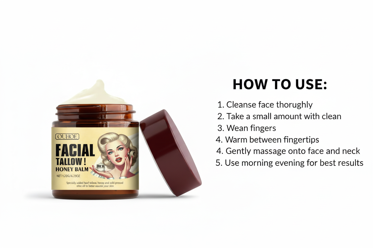 Facial tallow honey balm jar with a retro-style label and its uses on a white background