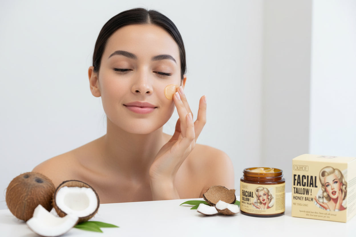 Facial tallow honey balm packaging with a woman applying cream to her face.