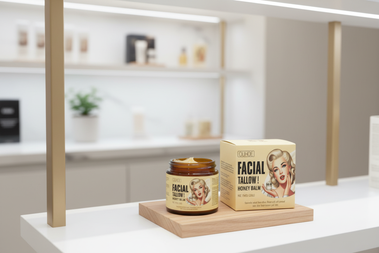Facial tallow honey balm packaging display in a store