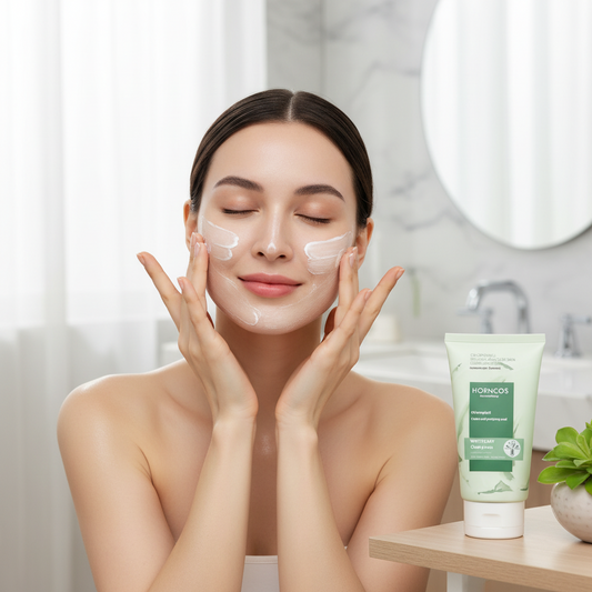 Woman applying facial cream with a tube of Mizon product in the background