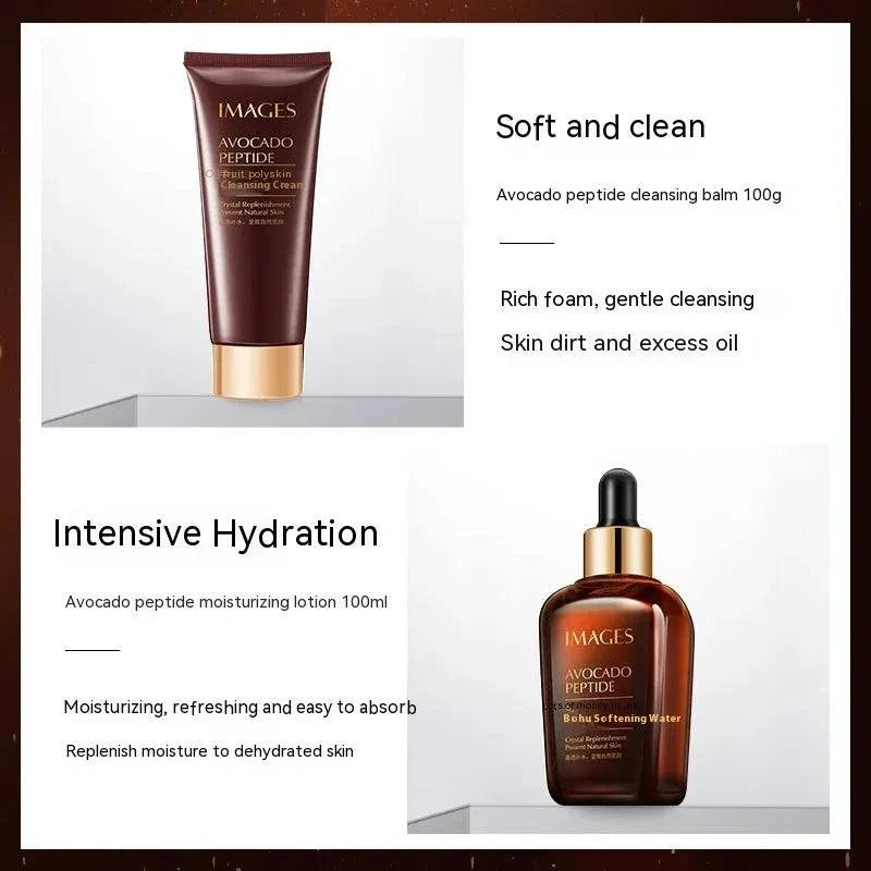 Skincare products with text describing their features on a white background