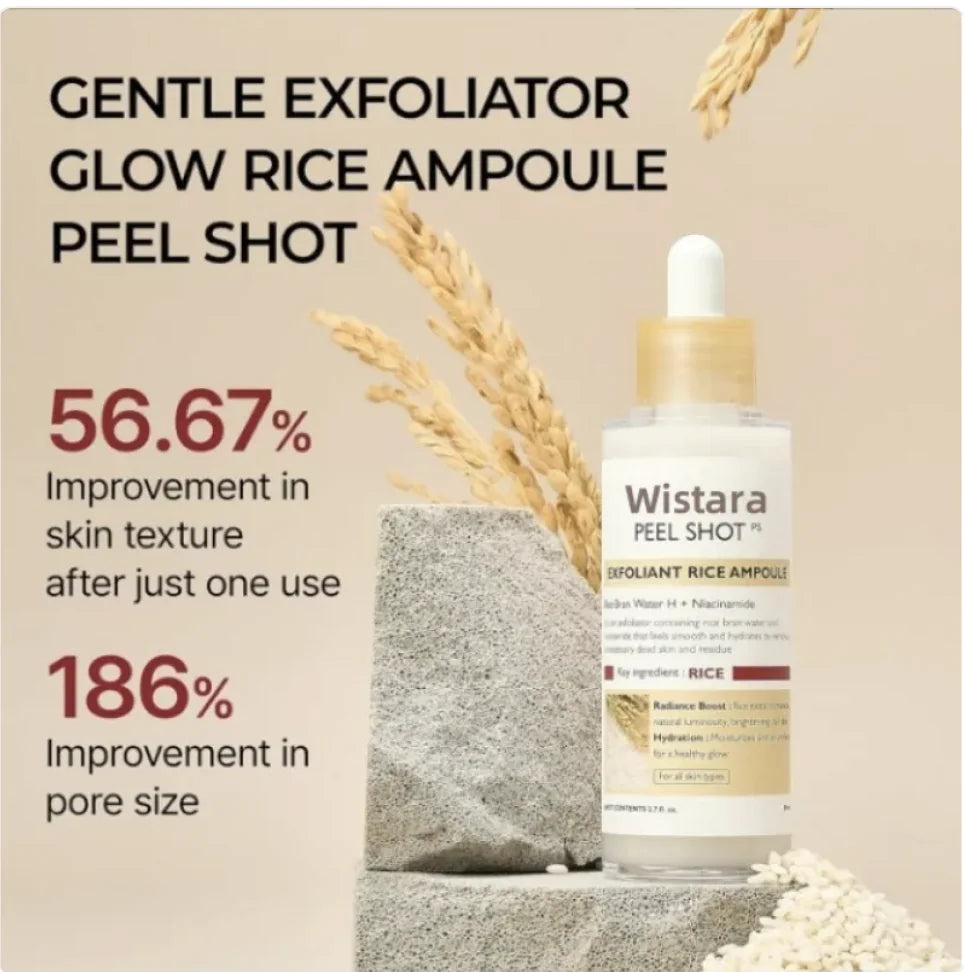Wistara Peel Shot ampoule with rice grains and text on a beige background