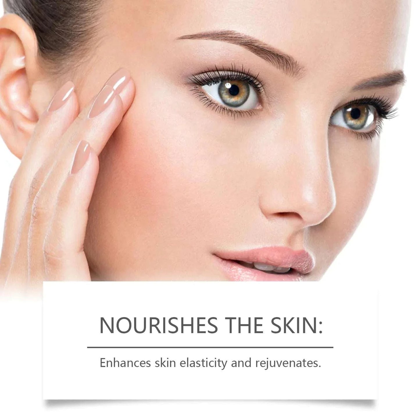 Woman touching her face with a text overlay about skin nourishment.