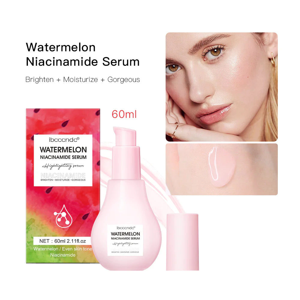 Watermelon Niacinamide Serum packaging and bottle with a close-up of skin benefits.