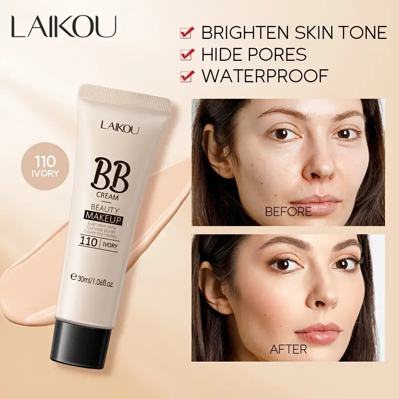 Before-and-after of LAIKOU BB cream in shade 110 Ivory showing brightened skin tone and softer pores