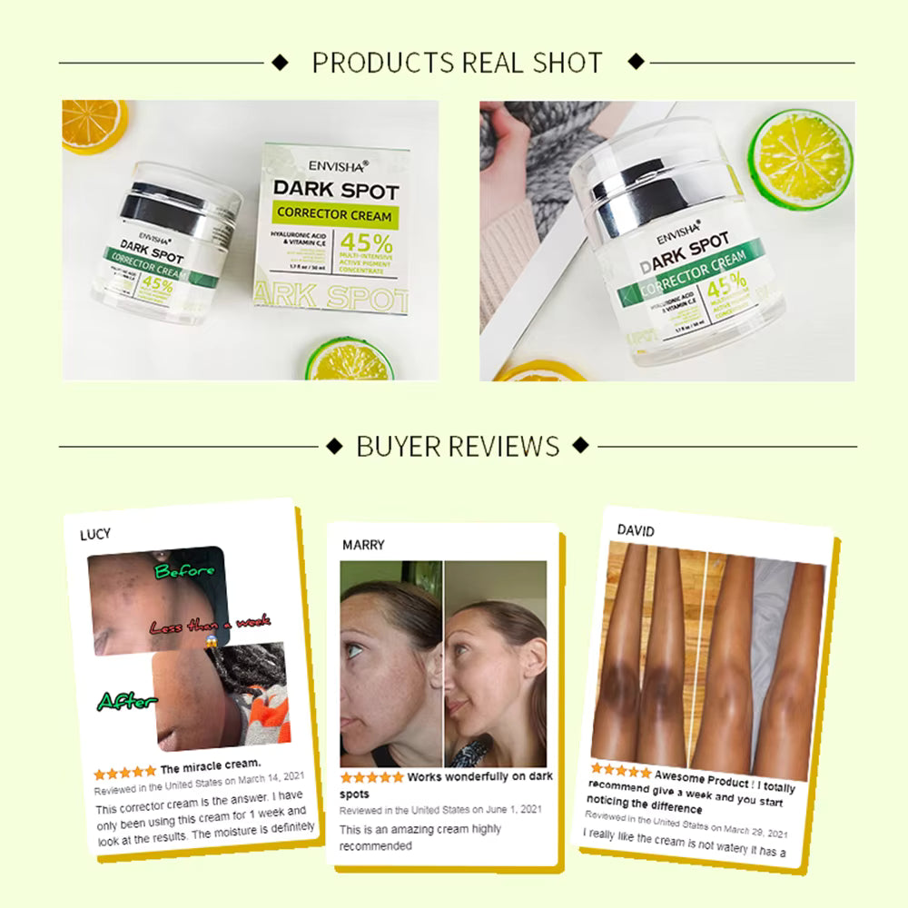 Collage of Envisia Dark Spot Corrector Cream packaging and user reviews on a light green background.