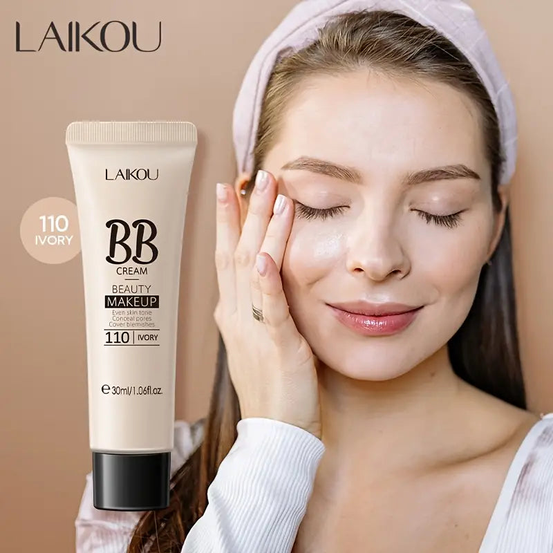 Model wearing LAIKOU BB cream foundation in shade 110 Ivory with a soft, natural daytime finish