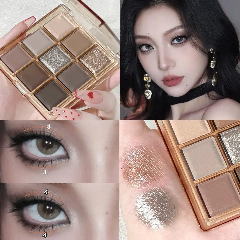 Model wearing a soft brown smoky eye look using the 9-color nude eyeshadow palette — close-up of finished eyeshadow application